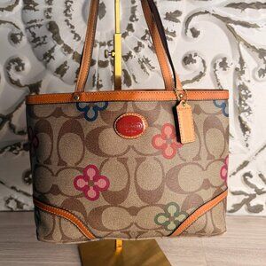 SOLD-Coach Signature Daisy Floral Shoulder Bag Khaki Canvas Brown Leather Trim